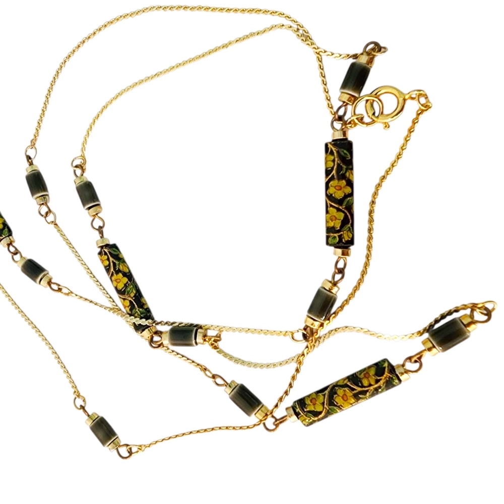 Vintage Dainty Necklace Art Glass Bead Necklace Hand Painted Flowers Gold Yellow
